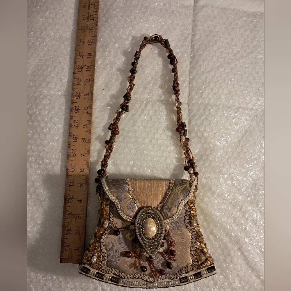 Mary Frances Beaded Satchel in Gold and Brown - Picture 5 of 7